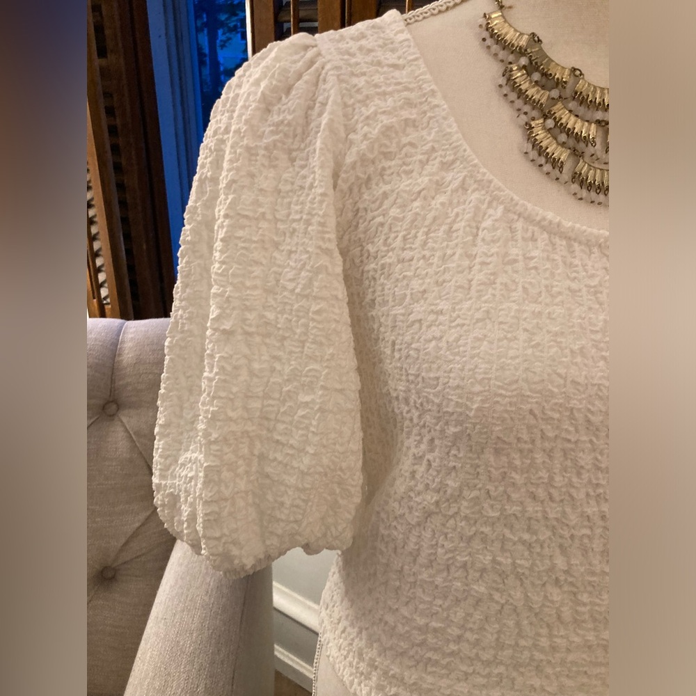 MAUVE x Anthropologie White Balloon-Sleeve Textured Top Cottagecore Resort - Picture 13 of 15